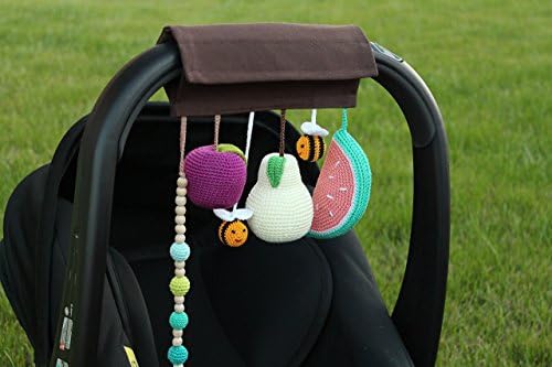 Car seat toy, baby gym toy, Bees & Fruits hanging toy, wooden teething toy, activity gym toy, mobile