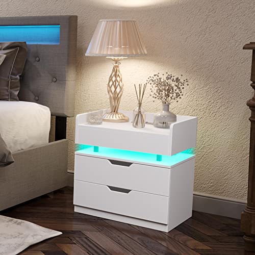Rolanstar Nightstand with Charging Station and LED Lights, Modern End