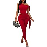 Vssjavun Women 2 Piece Outfits Sexy One Shoulder Sleeveless Crop Tops High Waist Bodycon Matching Long Pants Sets