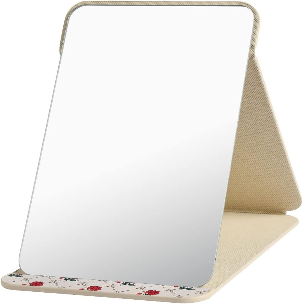 OSDUE Folding Tabletop Mirror 25.5x18cm Beige PU Leather Portable
