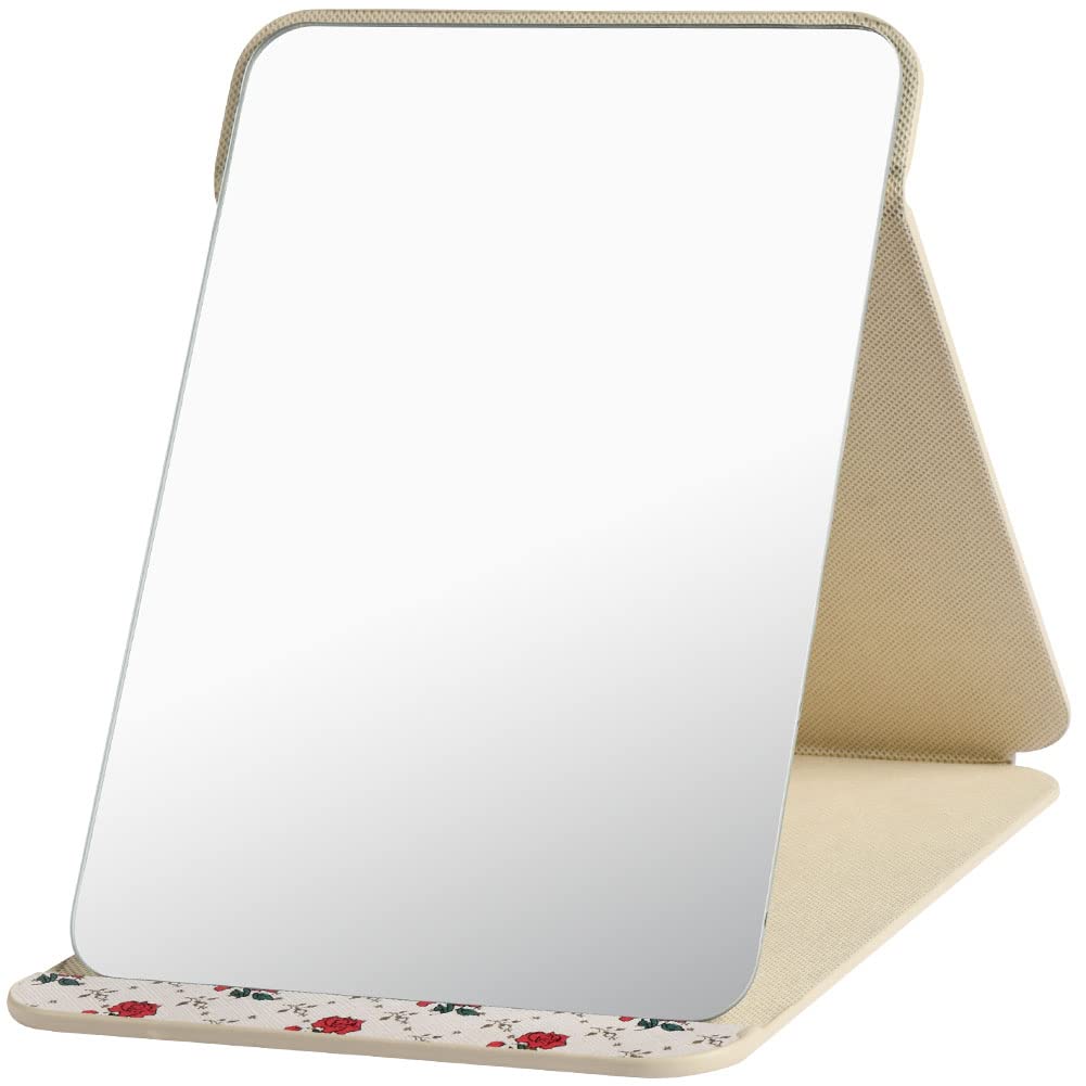 OSDUE Folding Tabletop Mirror, 25.5 * 18cm Beige PU Leather Portable Travel and Desktop Vanity Mirror with Stand for Office Desk, Vanity Table, Camping — image 1