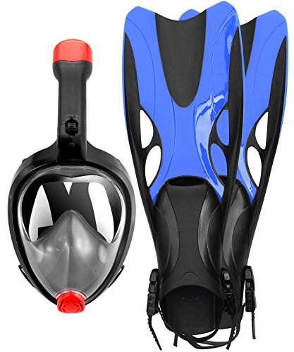 COZIA Design Snorkel Set with Foldable Full Face Snorkel Mask and Adjustable Diving Fins (Mask Medium + Fins Medium)