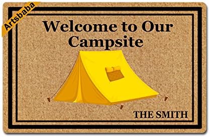 Artsbaba Personalized Your Text Doormat Welcome To Our Campsite Yellow Tent Doormats Monogram Non-Slip Doormat Non-woven Fabric Floor Mat Indoor Entrance Rug Decor Mat 23.6" x 15.7"