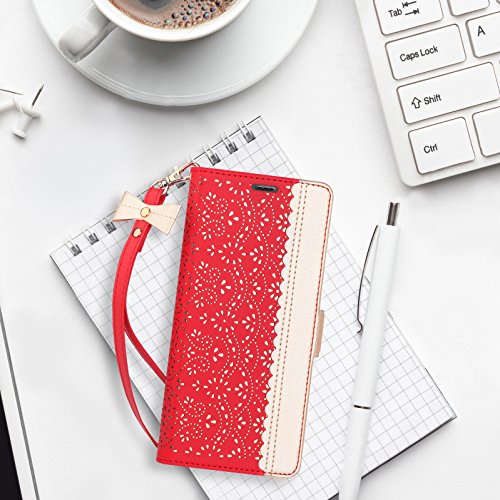 WWW Wallet Case for iPhone XR, [Luxurious Romantic Carved Flower] Leather Wallet Case with [Inside Makeup Mirror] and [Kickstand Feature] for Apple iPhone XR Case (2018) Red - Thumbnail 6