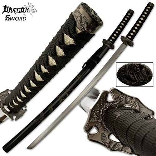 Samurai Katana Dragon Sword with Engraved Wooden Scabbard and Pommel (Black)