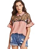 SheIn Women's Cute Embroidered Sheer Neck Ruffle Cuff Collared Blouse Small Pink