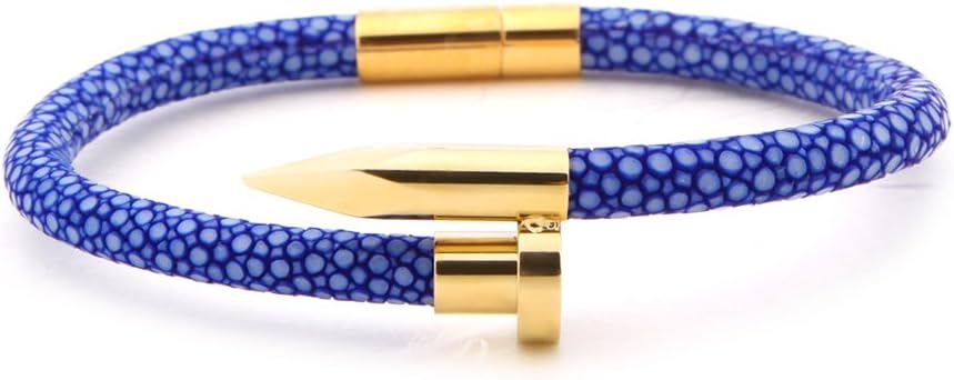 Viya Fashion Blue Stingray Genuine Skin Nail Bracelet Genuine Leather Men Bangle with Stainless Steel Gold Plating Nail Best Gift for Him Anniversary Birthday (7/7.5/8 inches)