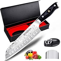 Santoku Knife - MOSFiATA 7" Super Sharp Professional Kitchen Cooking Knife with Finger Guard and Knife Sharpener, German High Carbon Stainless Steel 4116 with Micarta Handle and Gift Box