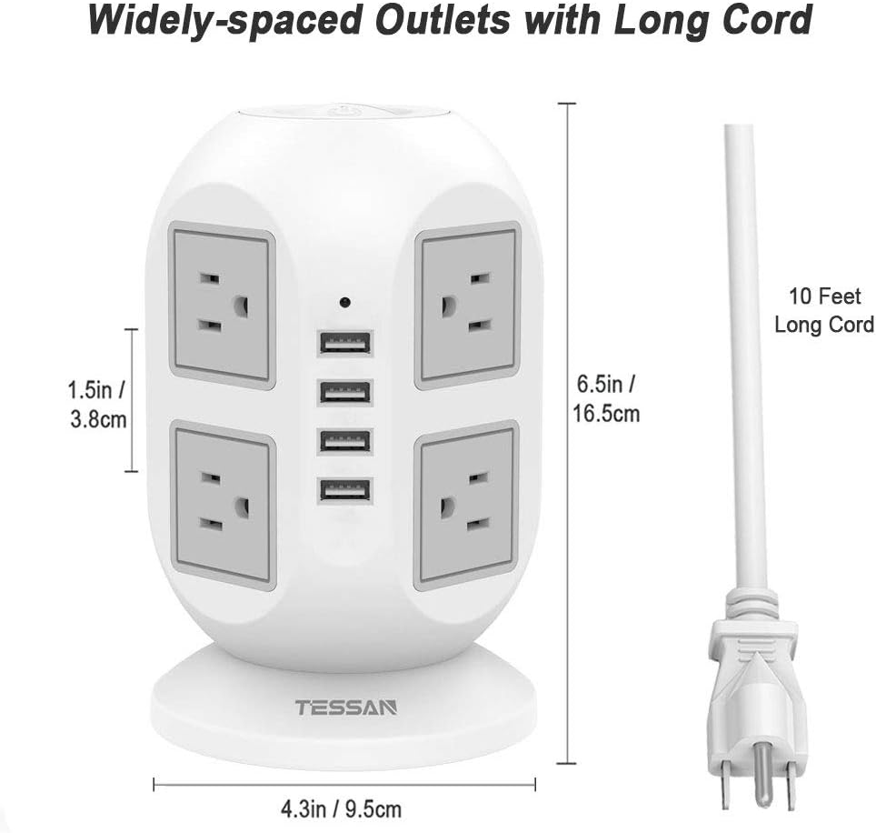 Power Strip Tower TESSAN Surge Protector 8 AC Outlets with 4 USB Ports Charging Station Long Extension Cord 10 Feet, Widely Spaced Multi Outlets, Circuit Breaker Safeguard for Home Office Dorm Room: Home Audio & Theater