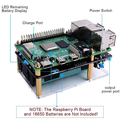 GeeekPi Raspbery Pi 4 UPS Power Supply UPS 2PCS 18650 Batteries Charger Power Bank with Switch and LED Indicator (25% per Step),Output Overcurrent Protection for RPi 4B/3B/3B+ (Battery Not Included)
