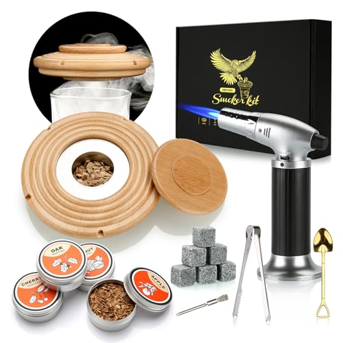 Cocktail Smoker Kit, Whisky Steine, Flambierbrenner, Vatertagsgeschenk, Old Fashioned Whiskey Smoker Drinks Kit, Cocktail Zubehör Für Getränke, Bourbon-Buche(Butan Nicht Inbegriffen)
