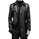 Duberess Mens Double Collar Trench Coat Long Leather Jacket Parka
