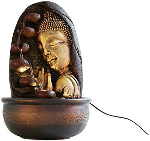 CHRONIKLE Polyresin Golden Brown Side Face Buddha Table Top Home Decor Indoor 5 Steps Water Fountain with Yellow LED Lights & WaterFlow Controller Pump ( Size: 41.5 x 25 x 25 CM | Weight: 2160 grm )