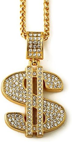 Iced Out"Big Money Sign" 14K Hip Hop Gold Plate Jewelry, Bling Bling Necklace 30"Rope Chain Included