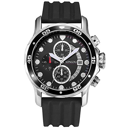 SONGDU Men Chronograph Quartz Watch Analog Black Dial Stainless Steel Case Soft Rubber Strap