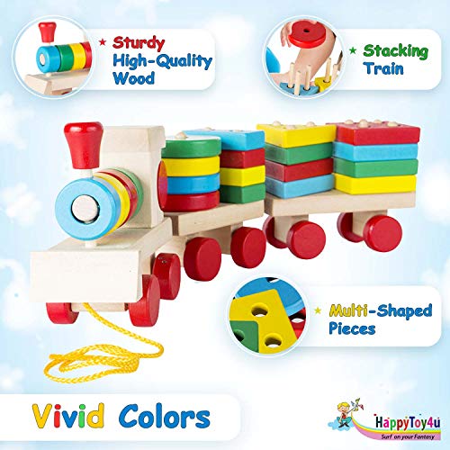 HappyToy4u WOODEN PUZZLE TRAIN TOY 25-Piece, Educational Pull-Along Train Set, Shape Sorter, Color Sorting, and Stacking Game for Kids, Montessori Toddler Preschool Learning Toys for Ages 3, 4, 5 GIFT