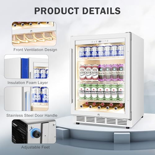 24 Inch Beverage Refrigerator, 150 Cans Wide Beverage Cooler and Beer Fridge with Glass Door and Powerful Cooling Compressor, Built-in/Freestanding Drink Fridge for Kitchen, Bar or Office,White