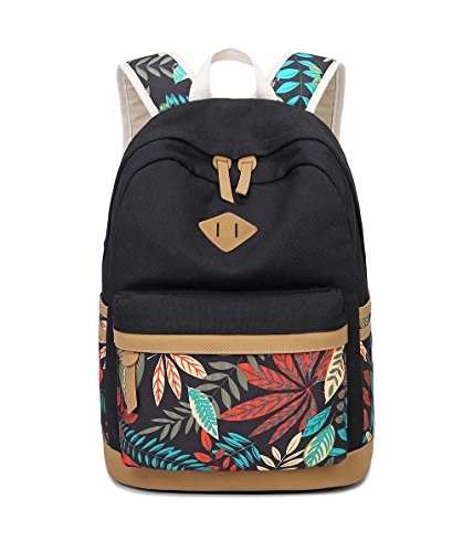 LuckyZ Women Girls Backpack Lightweight Canvas Leather Daykpack Laptop School Bag Cute Printng Travel Shoulder Bookbags Leaf Black