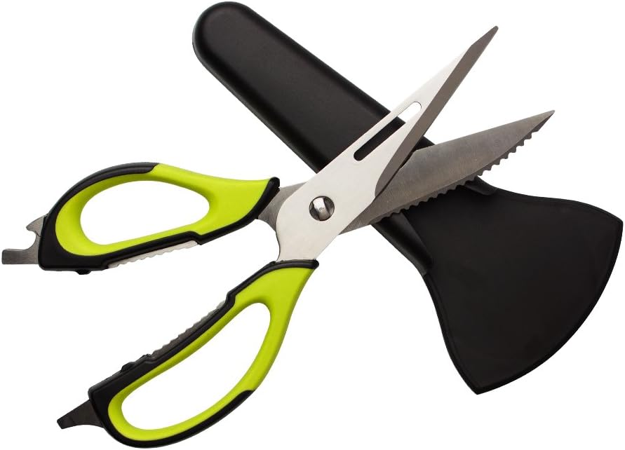 Premium Heavy Duty Multi Purpose & Function Scissors - Suitable for Kitchen, Culinary, Herbs, Nut Cracker, Bottle Opener, Shears and Much More! - With Free Holder - Green/Black