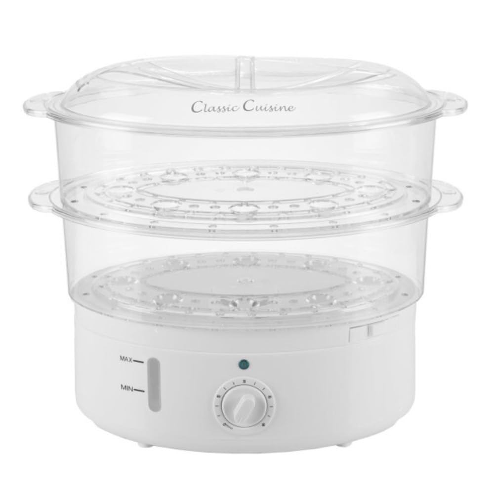 Classic Cuisine Food Steamer and Rice Cooker in one, Two-Tier Food Steamer for Healthy Meals anytime, cooks Vegetables, Fish, Dumplings, Eggs and more, 6.3 QT, Clear
