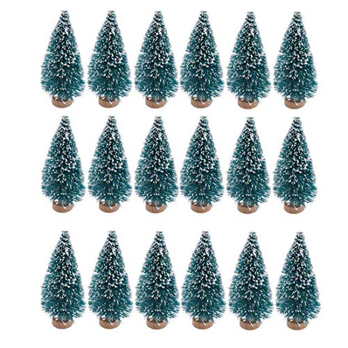 SUNREEK 24 Pieces Artificial Mini Christmas Sisal Snow Frost Trees with Wood Base Bottle Brush Trees Plastic Winter Snow Ornaments Tabletop Trees for Christmas Party Home Decoration (Blue-Green)