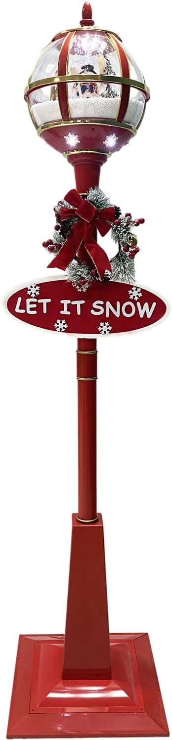 Snow Globes - Fraser Hill Farm Let It Snow Series 69-in. Musical Snow Globe Lamp Post with Snowman | 2 Festive Signs | Cascading Snow | Christmas Carols | Holiday Home Decor | Red | FSSL069A-RD3