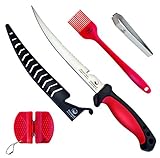 Dacodget Fillet Knife Kit | Multifunctional Stainless Steel Fish Deboning and De-Scaling Knife with Sheath + Portable Knife Sharpener + Fish Bones Tweezers + BBQ Silicone Glazing Brush