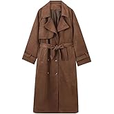 uhbkezy Womens Faux Suede Trench Coat Long Suede Leather Jacket Double Breasted Pea Coat with Belt