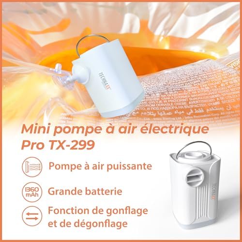 Mini Battery Air Pump Pro TX-299 - Pompe à air électrique rechargeable 3600 mAh avec banque d'alimentation, lumière LED, 5 buses, chargement USB -Pompe à air portable sans fil pour gonflables