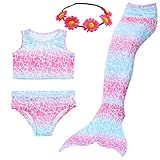 Camlinbo 3PCS Girls' Swimsuit Mermaid Tail for Swimming Tropical Bikini Prime Deals Gift Masquerade Pool Party (Child Medium/5-6/Tag 120, A 1Cherry Pink)