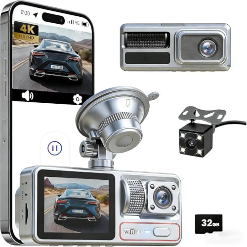 3 Channel Dash Camera for Cars,Triple Lens 4K+1080P+1080P Dash Cam Front Rear Inside,Built-in 5G WiFi & App, Night Vision,24H Parking Mode,Loop Recording,170° Wide Angle,32GB Card Included(Silver)