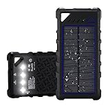 FKANT Waterproof Solar Charger | Portable 16000mAh Dual USB Power Bank | IPX7 Waterproof External Battery Pack with 4LED Flashlight | For iPhone 8 iPad Samsung S8 Note8 Android Phones