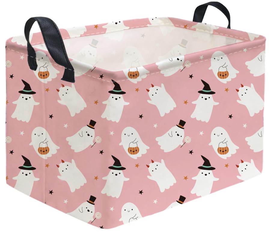 Photo 1 of Sanjiaofen Rectangular Kids Basket,Halloween Basket.Cute Baskets for Girls, Pink Baskets with Handles.Books Bins,Gifts Box. (Pink Halloween)