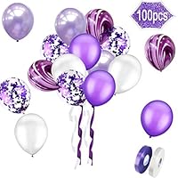 Greengoal 12 inch Confetti Balloons Purple, White and Purple Latex Balloons with Purple Confetti Dots, 1 White Rolls Ribbons & 1 Purple Rolls Ribbons (100pcs)