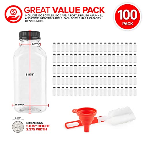 12 oz Plastic Bottles with Caps (100 Pack) Reusable Clear Empty Juice