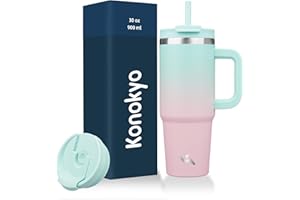 Konokyo 30 oz Tumbler with Handle and 2 Straws,2 in 1 Lid Insulated Water Bottle Stainless Steel Travel Coffee Mug,Gum