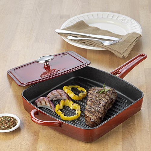Calphalon Simply Enamel Cast Iron Grill Pan & Press, Red, 11 Home