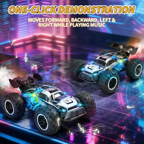 Eaglestone 1:16 4WD RC Car with LED Lights, Music & Spray, 2.4GHz Off-Road Remote Control Vehicle with Dual Battery 40-Min Playtime, One-Click Demonstration Gift for Kids Boys Ages 5-12