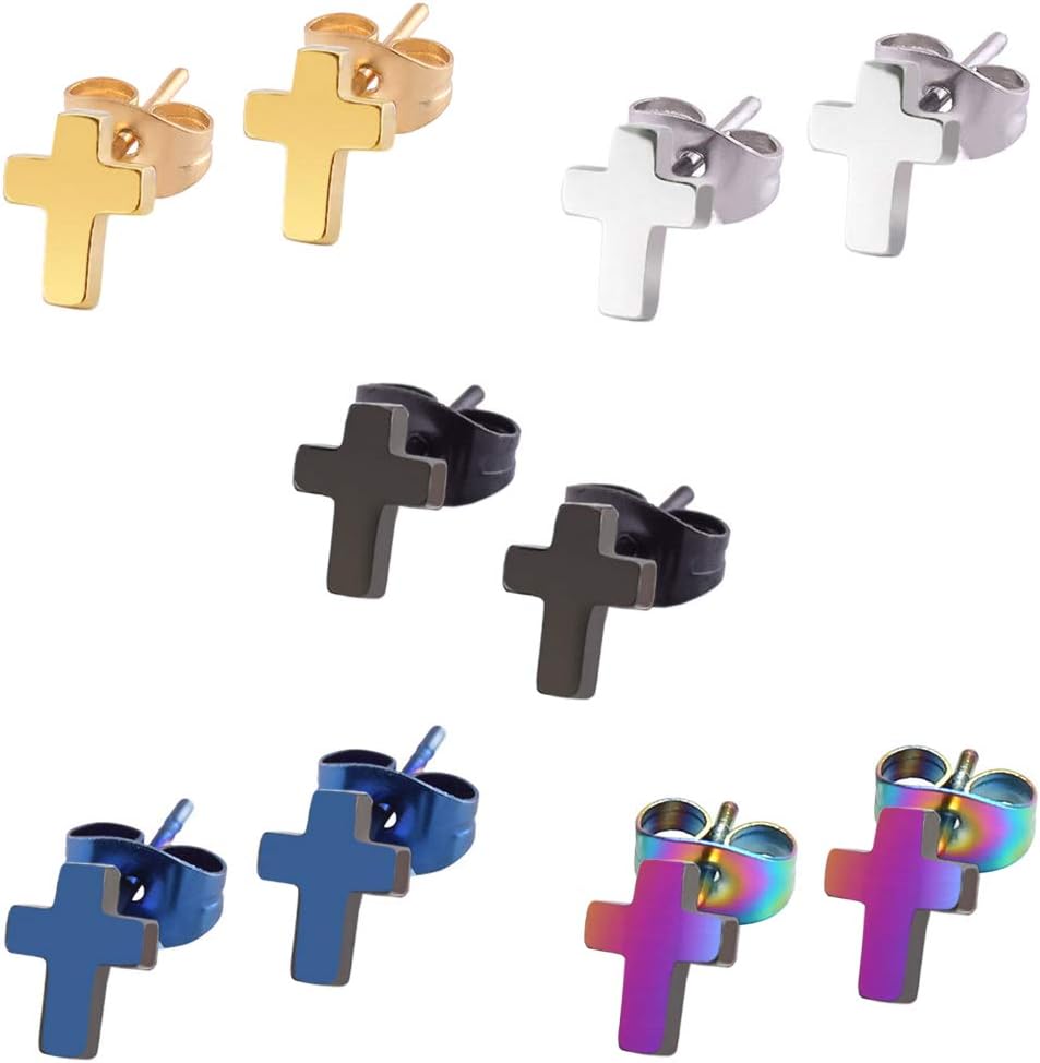 5 Pairs Set Stainless Steel Silver Cross Earrings for Men Women Girls Boys Titanium Small Cross Stud Earrings Gold Black Sleeper Piercing Tunnel Plug Hypoallergenic