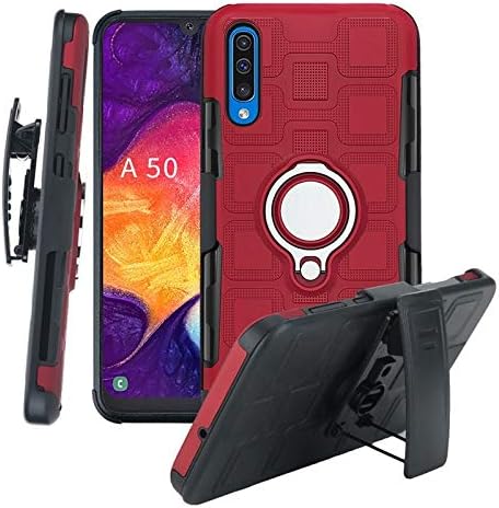 GeorgeBr- for Samsung Galaxy A70 Hybrid Protective Cover Case, Multi in 1 PC/TPU Dual Layer Shockproof Case with Rotational Kickstand Holder - Silver Finger Ring for Samsung Galaxy A70 (Color : Red)