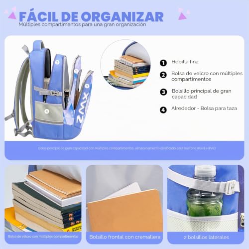 Amythe School Backpack Teenager Girl 46L, Grand Backpack School Girl Waterproof and Lightweight for Youth Girl, Light Blue