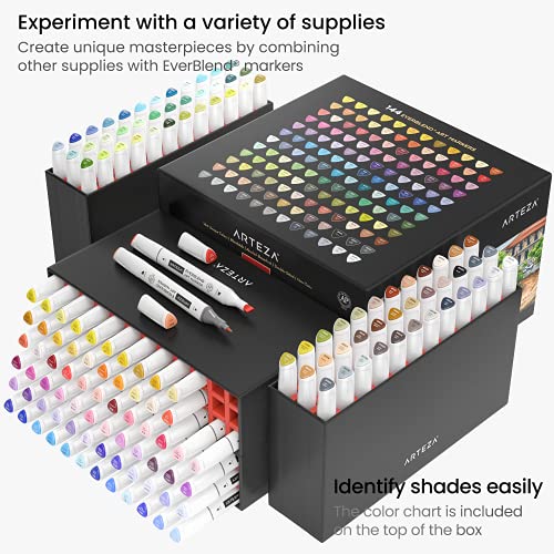 Arteza Alcohol Art Markers, Set of 144 Colors, Broad Chisel Tip and