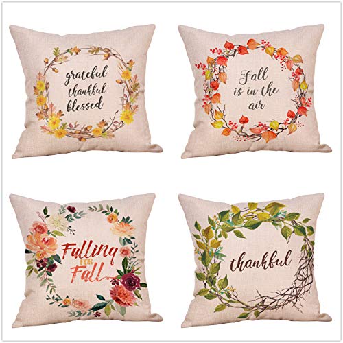 Muhuyi Set of 4 Fall Pillow Covers Autumn Theme Farmhouse Decorative, Fall Garland Throw Pillow Covers 18 x 18 Inch for Halloween and Thanksgiving Home Decoration - Thumbnail 5
