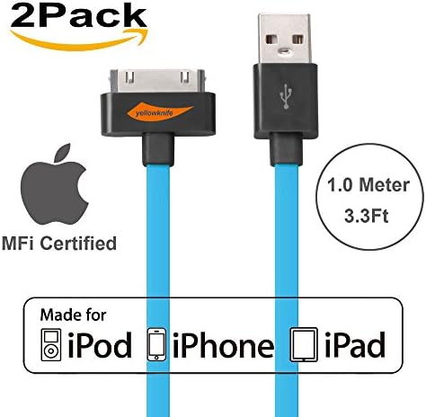 [Apple MFI Certified] 2Pack Yellowknife 3.3ft/1m Noodle Flat 30Pin to USB Data Sync Charger Cable Charging Cord for Apple for iPhone 4s 4 3GS iPad 1 2 3 (2Pack-Blue)