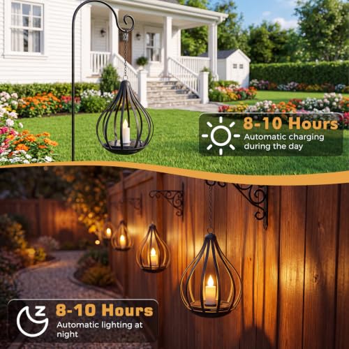Solmora Set of 2 Solar Lantern Outdoor Hanging LED Candle Lights Flickering Flame Effect IP65 Outdoor Garden Decoration for Christmas, Halloween, Balcony, Patio, Camping