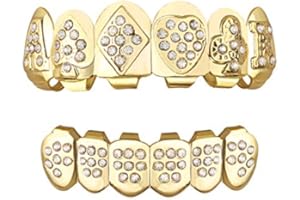 TSANLY Gold Grillz Teeth Set CZ Diamonds Grillz 24k Plated Gold Top & Bottom Grill Hip Hop Bling Iced Out Grillz For Son + Extra Molding Bars + Microfiber Cloth