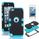 iPod Touch 5 Case, iPod Touch 6 Cases, NOVPEAK 3 Layer Hard and Soft Hybrid Armor Defender Sports Combo Case with Screen Protector for iPod Touch 5th Gen & iPod Touch 6th Generation (Black/Blue)