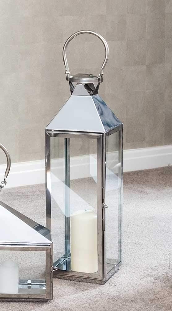 Sue Ryder Tall 51cm Chrome Lantern Glass Metal Silver Hurricane Candle Holders Indoor Outdoor