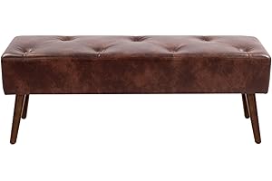 Furniliving 44 Inch Tufted Bench, Leather Footrest Bedroom Bench Seat, Upholstered Leather Indoor Bench Beathable Fabrics Ottoman Bench with X-Shaped Wood Legs for Kitchen, Solid Wood Indoor Bench