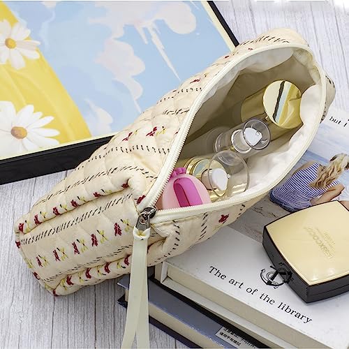 PAZIMIIK Quilted Makeup Bag Large Travel Zipper Soft Cosmetic Pouch for Women Girls Make Up,Little Flower Beige